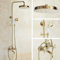 gold color brass two cross handles wall mounted bathroom rain shower head bath tub faucet set telephone shape hand spray mgf455