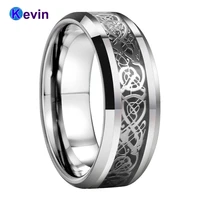 black carbon fiber ring tungsten ring men women wedding band with steel dragon inlay 8mm comfort fit