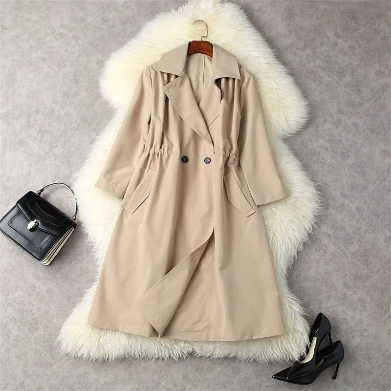 

Женский Тренч с отложным воротником, однотонная Ветровка цвета хаки, черная верхняя одежда, осень-зима