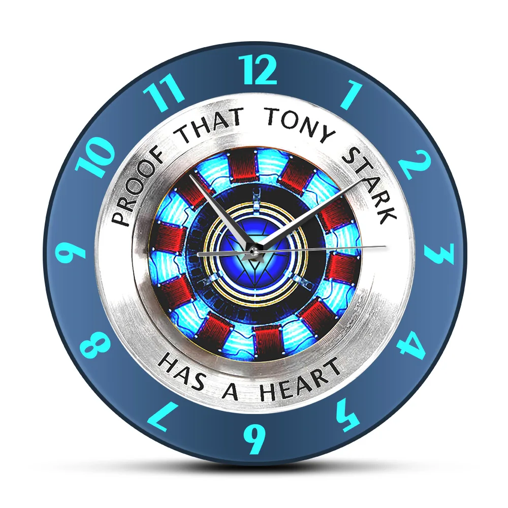 

Proof That Tony Stark Has A Heart Arc Reactor Print Acrylic Wall Clock Superhero Style Hanging Wall Watch Movie Fans Home Decor