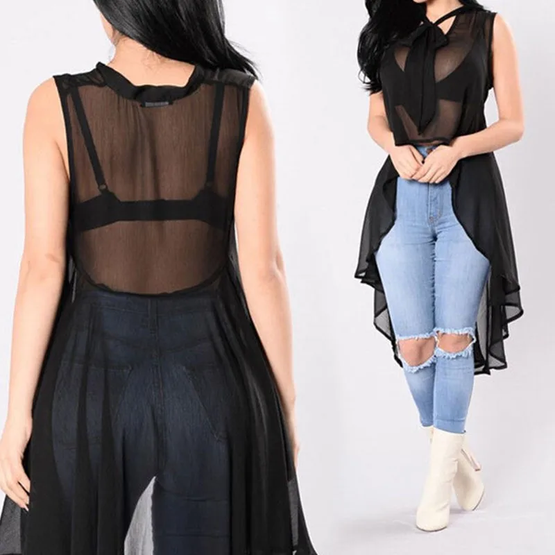 

New Hot Sale Fashion Womens Sleeveless Blouse 2021 Solid Color Transparency Loose Top Casual Summer Sheer Long Blouse Streetwear