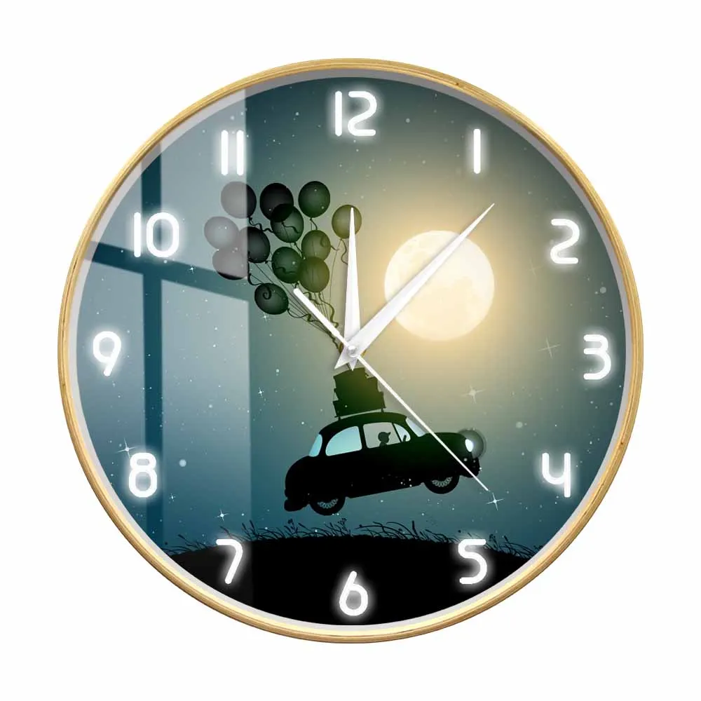 

Retro Car Fly On Balloons Modern Design Wall Clock For Boys Bedroom Flight In Dream Full Moon Wooden Frame Minimalist Wall Clock