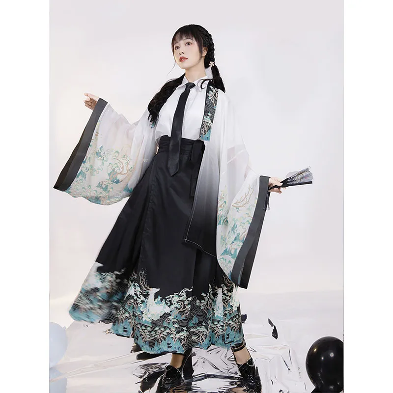Women's Clothing Japanese Style Fashion Printing Flared Sleeves Coat Summer Black Tie Jk Long Dresses Sets Performance Costumes