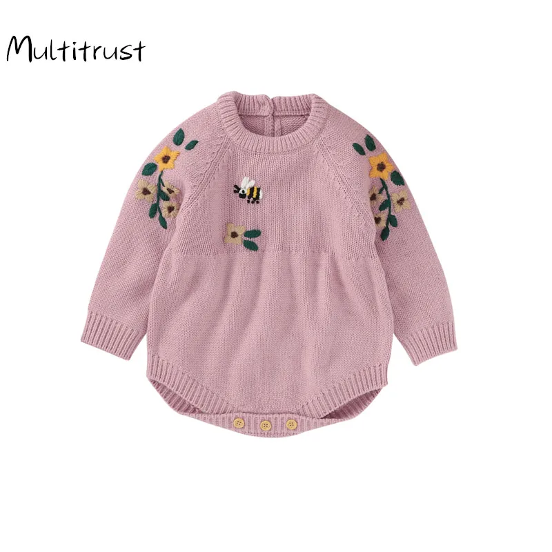 

Newborn Baby Bodysuits Long Sleeves Floral Knitted Infant Kids Girls Jumpsuits Tops Autumn Winter Warm Toddler Sweaters Outfits