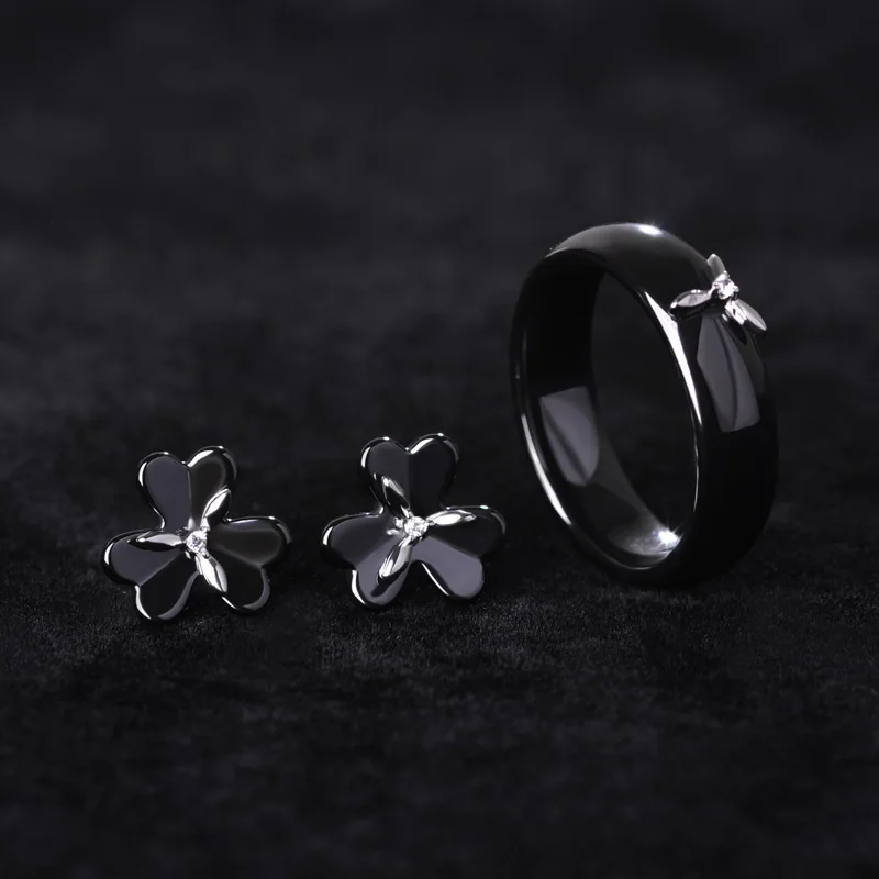

Blucome Ceramic Jewelry Sets for Women Stud Earrings&Rings Silver Color Flower Pequenos Aros Black Porcelain Parure Bijoux
