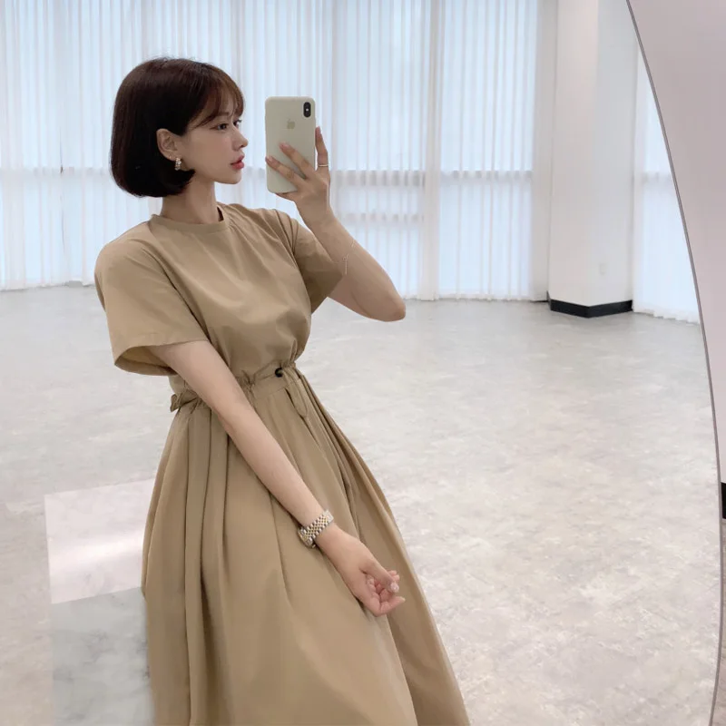 

Cotton Vintage Solid Color Loose Women Dress Midi Summer Clothes Korean Drawstring Pleated Casual Elegant Ladies Dresses 2021