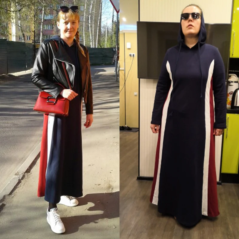Siskakia, длинное платье с капюшоном, утолщенное, осень, модное, в полоску, цвет, блок, повседневное, макси, платья с длинным рукавом, синий, мусульманская одежда, Новинка