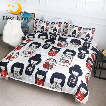 Blessliving Japanese Dolls Duvet Cover Sakura Flower Bedding Set Kokeshi Comforter Set Cartoon Quilt Cover With Pillowcases 1