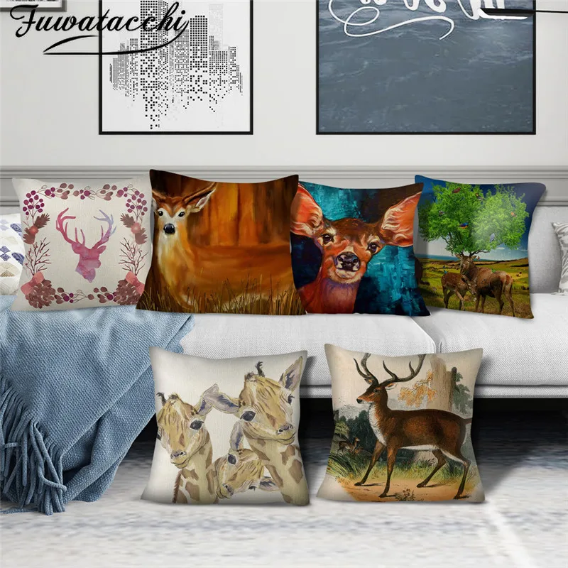 Fuwatacchi Pure Linen Giraffe Printed Cushion Cover Sika Deer Animal Photo Pillow for Home Car Sofa Decorative Pillowcases | Дом и сад