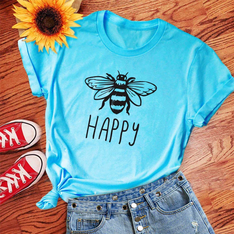 Camiseta de verano talla grande para mujer algodón con cuello redondo y estampado abeja camisetas manga c|Футболки| |