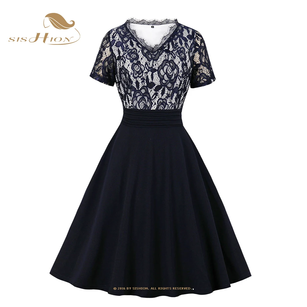 

Женское винтажное платье SISHION VD1785, элегантное кружевное темно-синее вечернее платье с V-образным вырезом и коротким рукавом, лето 2021