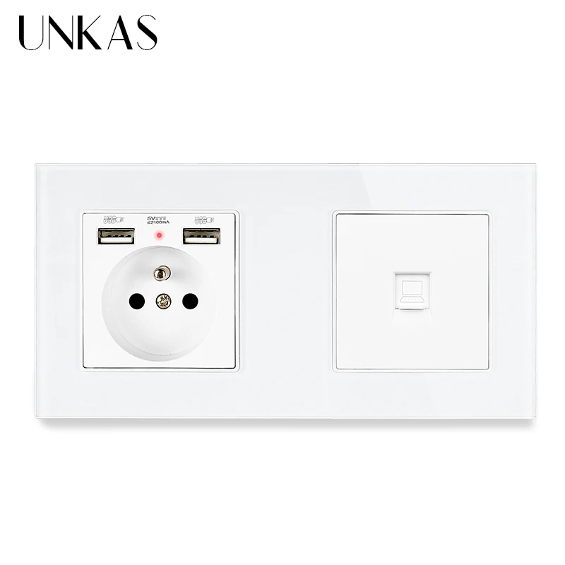 Настенная розетка UNKAS серая стеклянная панель французская стандартная с 2