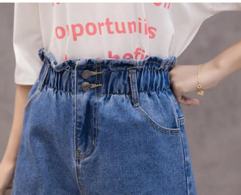 

Summer High Waist Denim Shorts Women Casual Loose Ladies Fashion Roll Up Hem Elastic Waist Pocket Blue Jeans Female