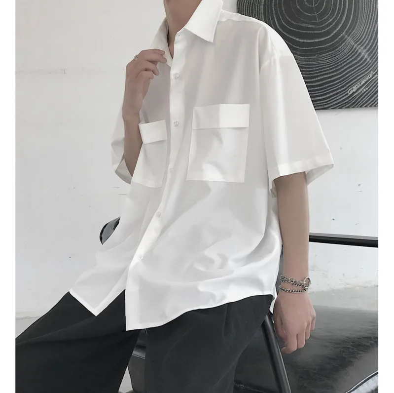 

2020 Summer New Youth Popular Simple Solid Color Big Pocket Thin Section Five-point Sleeve Shirt Fashion Casual Top M-2XL