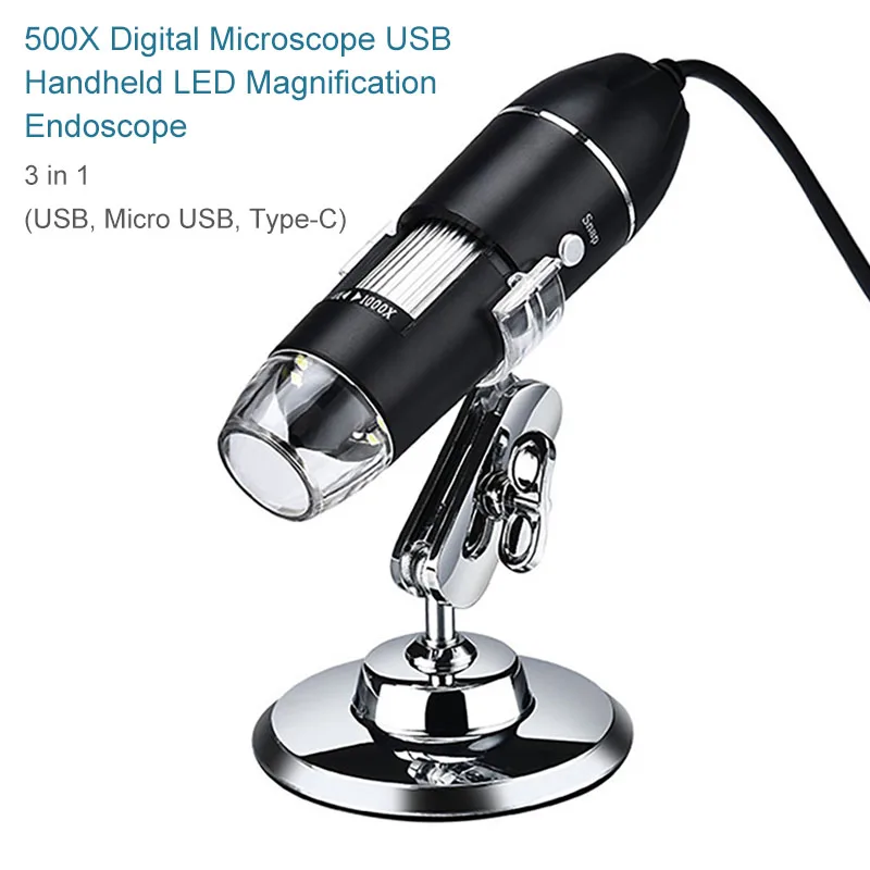 

1000X Digital Microscope USB Handheld LED Magnification Endoscope W/ Stand Microscope For Kids USB, 3 In 1