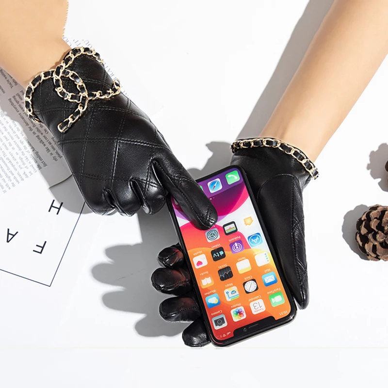 

MPPM Women Real Leather Gloves Fashion Metal Chain Touch Screen High 100% Quality Sheep Leather Gloves For Woman