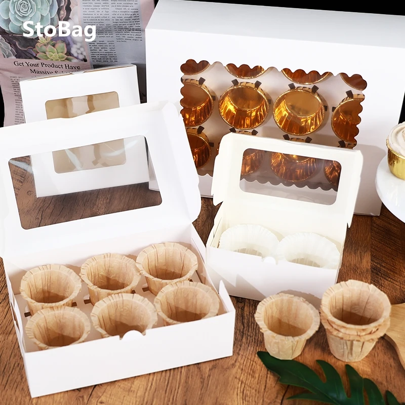 

StoBag 10pcs Marble/Kraft/White Cupcake Box With Window Cookie Boxes Chocolate Decoration Christmas Gift Packaging Party Favor