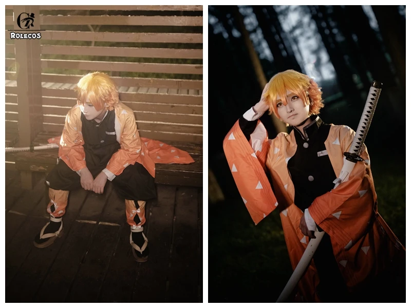 ROLECOS Аниме Костюм Kimetsu no Yaiba Косплей демона убийца агатсума зенитсу косплей костюм для мужчин кимоно костюм на Хэллоуин