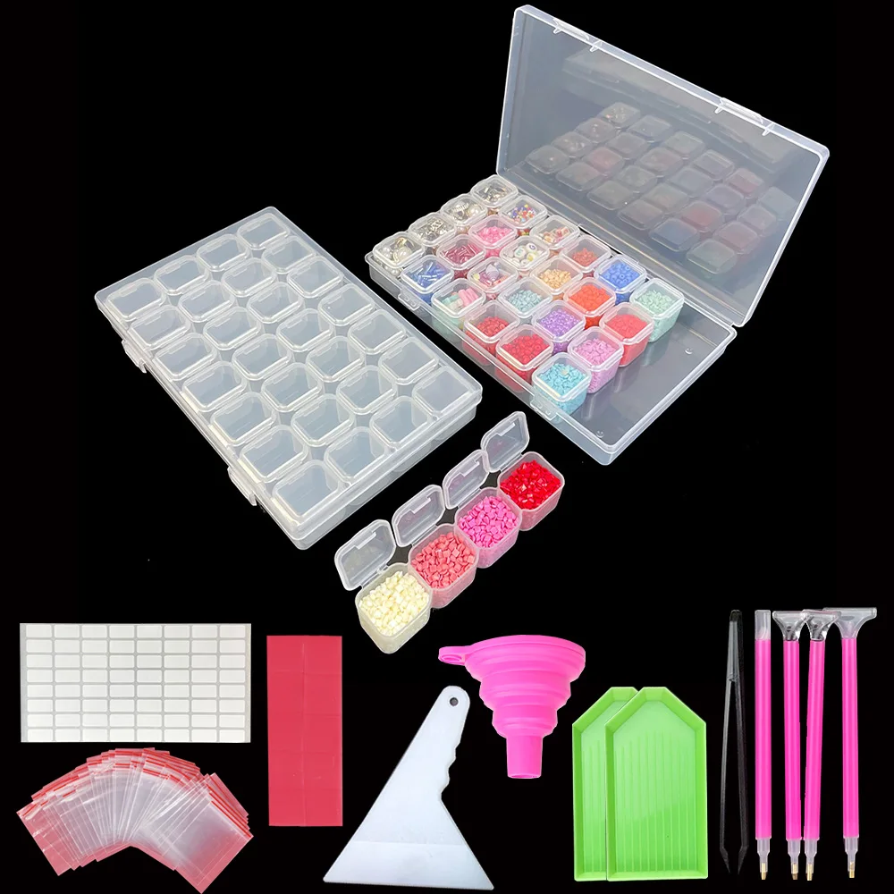 28 Grids Diamond Painting Tools Storage Box with Funnel Sticker pen Diamond Painting Embroidery  Accessories Container