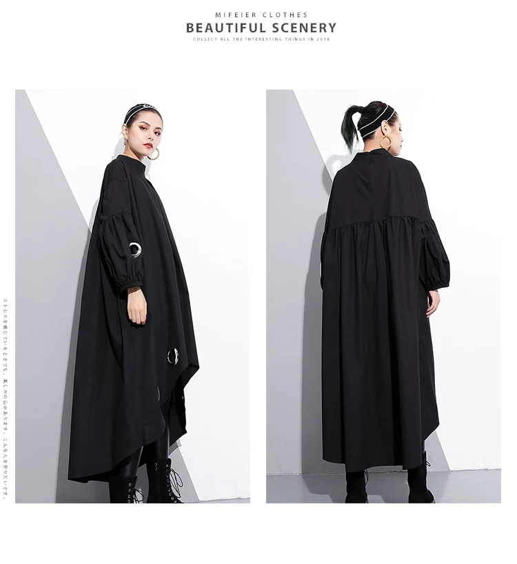 

Hot Fashion New Spring Round Neck Dresses Large Size Long Sleeve Solid Color Black Metal Ring Big Size Hollow Out Dress Women