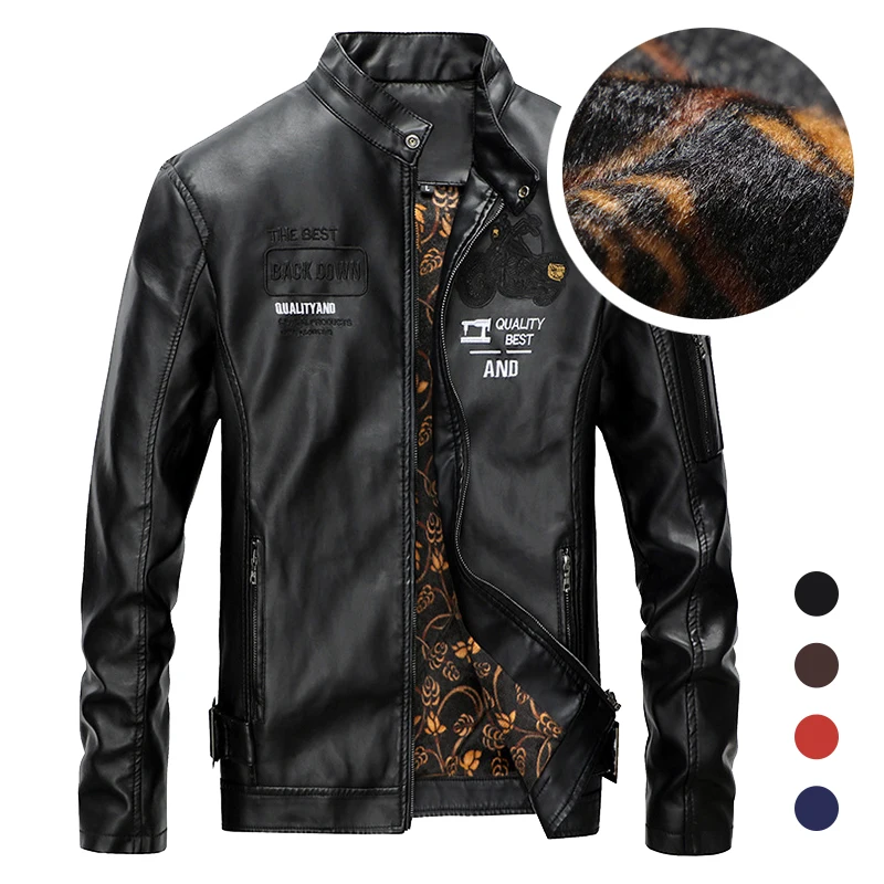 

Men Trendy Fashion Embroidery Jacket 2021 Men's Plus Velvet Warm Bomber Leather Jacket Male Vintage Slim Pu Motorcycle Outwear