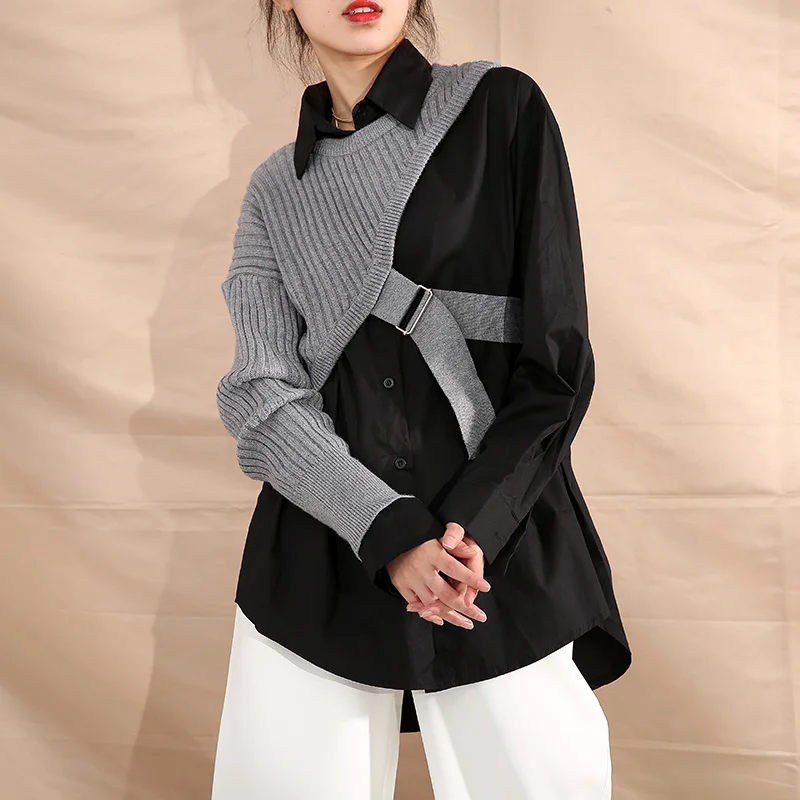 

Arrivals Long Sleeve Turn Down Collar Shirt Single Sleeve Knitted Short Top Two Piece Set Wome