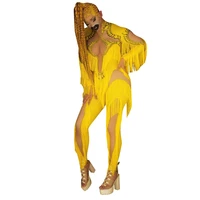 fashion yellow print tassel party jumpsuit women stretch skin color spandex fringes rompers nightclub bar dancer stage bodysuit