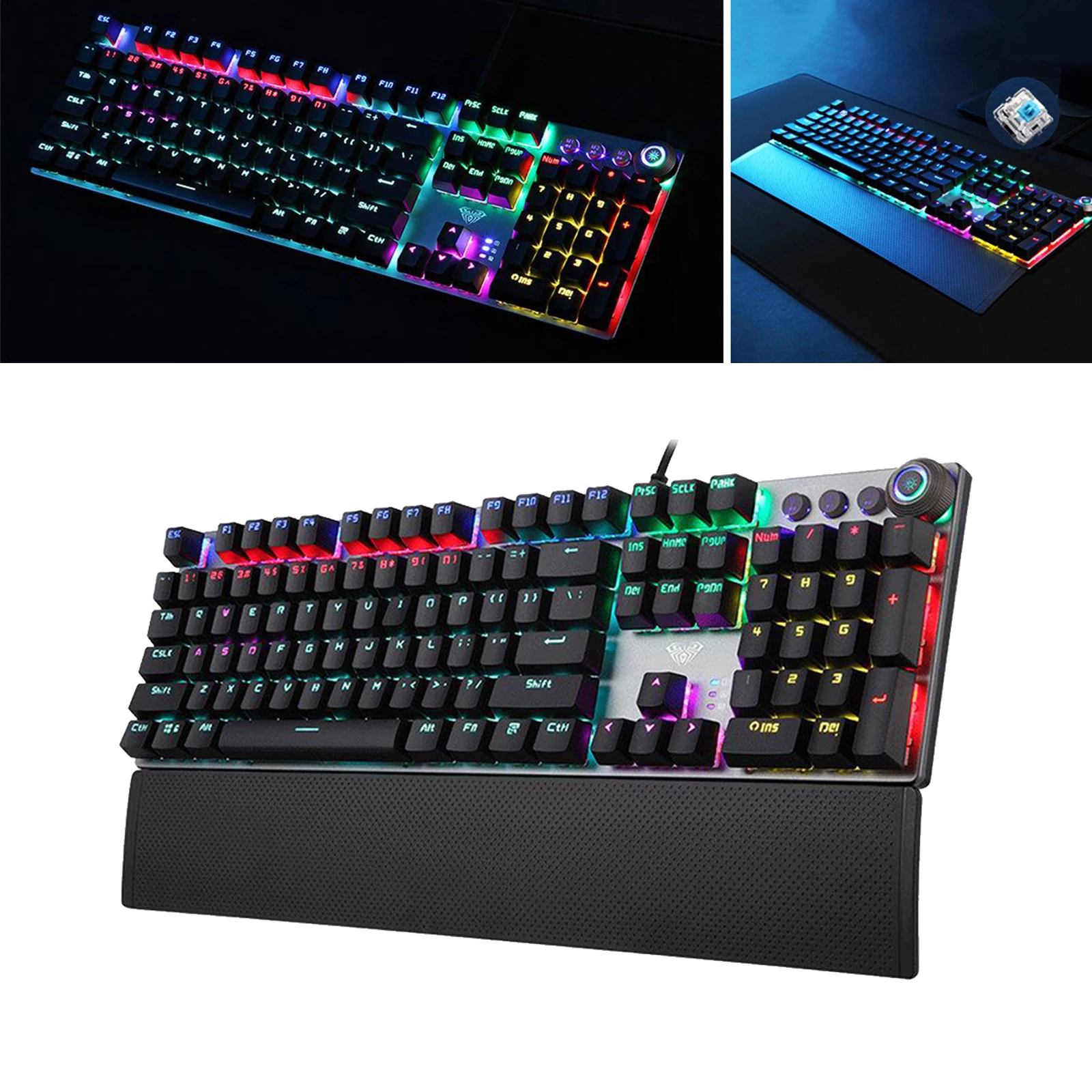 

Механическая компактная игровая клавиатура RGB с синими/черными/коричневыми переключателями, 104 клавиш с подставкой для рук, светодиодная по...