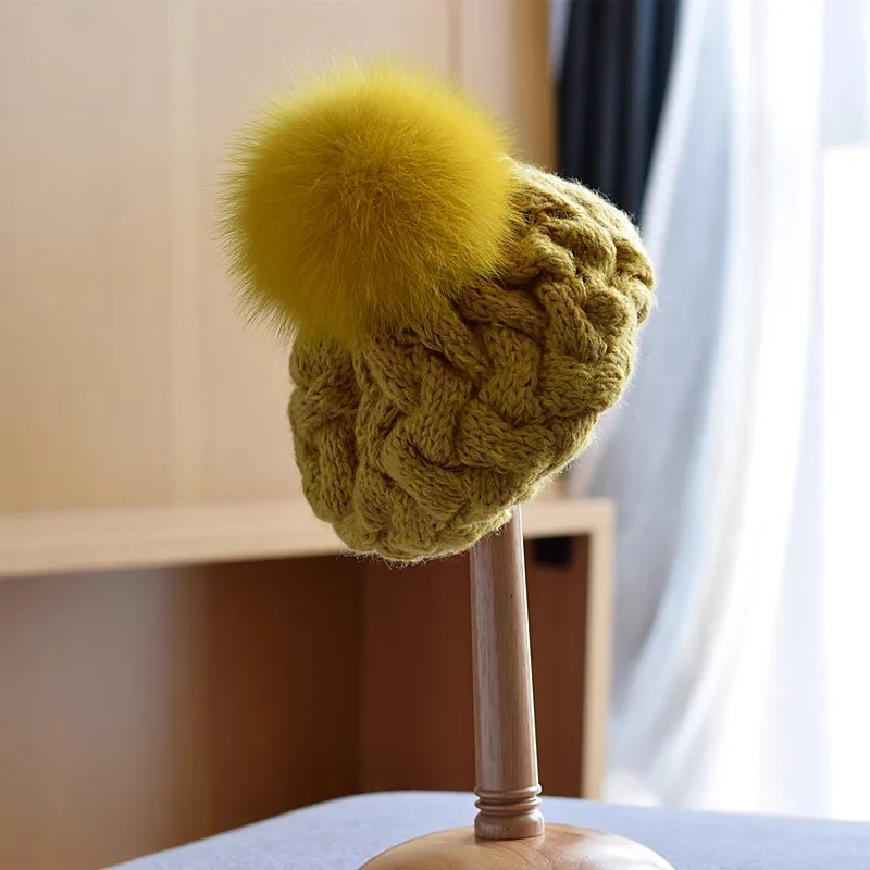 Real Fox Fur Ball Twist beanies warm cute woolen beret girl women autumn and winter soild color big hair ball knitted hat | Аксессуары