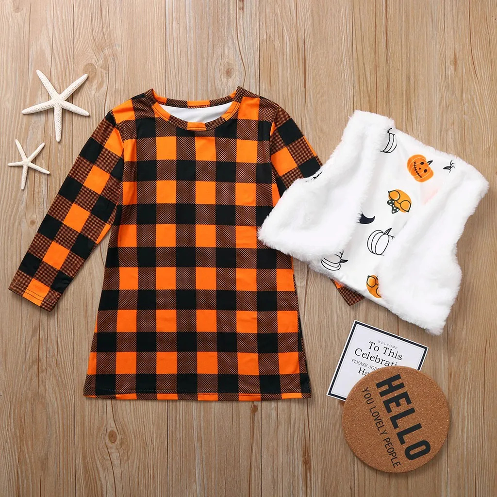 TELOTUNY детское платье с принтом в клетку для девочек на Хэллоуин + Двустороннее