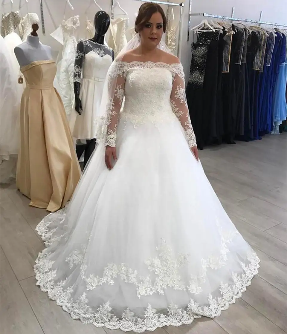 

New Floor-Length Applique Wed Dresses Wed A Line Bateau Off-Shoulder Long Sleeve Bridal Gowns Tulle White Wedding Dresses Custom
