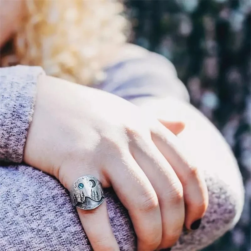 

Nature Mountain Range Moon Ring Blue Crystal Ring Wedding Party Rings for Women Female Boho Jewelry Gifts for her