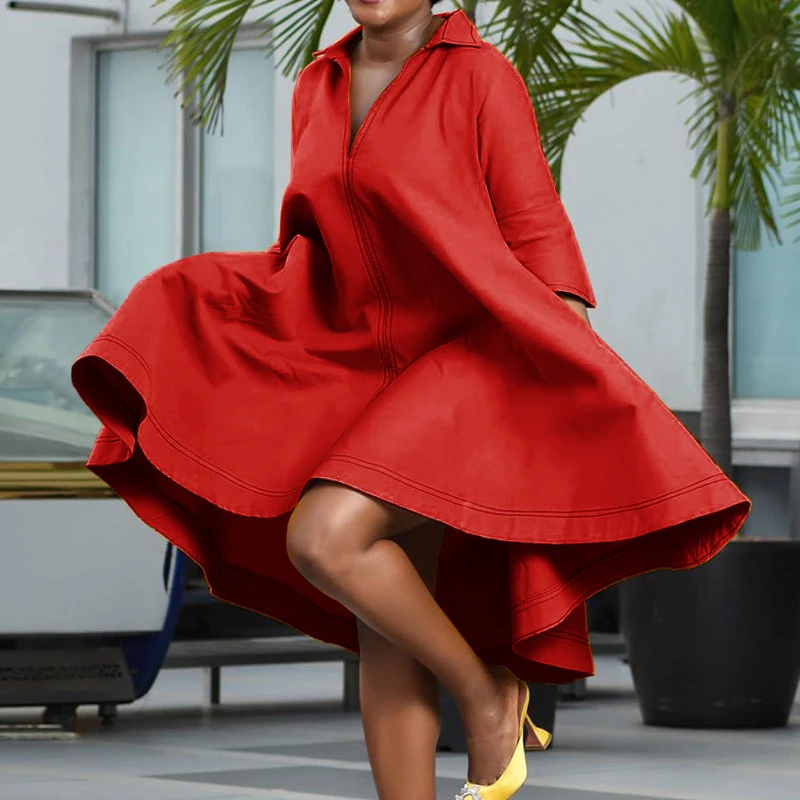 

Women Summer Lapel Dresses Party 5XL African Casual Robe Female Vintage Pleated Vestido Oversize Elegant Solid Knee Length Dress