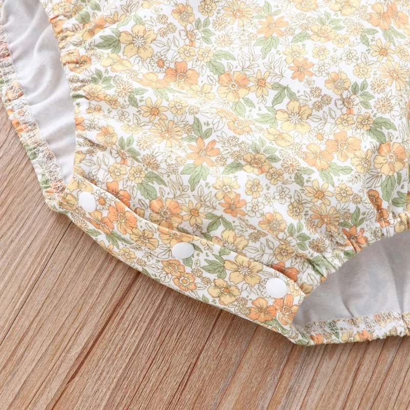 

Baby Girl Clothes 2 Pcs Sets Sweet Floral Print Turn-down Collar Sleeveless Baby Bodysuit+bow Headband Baby Girl Romper 0-18M