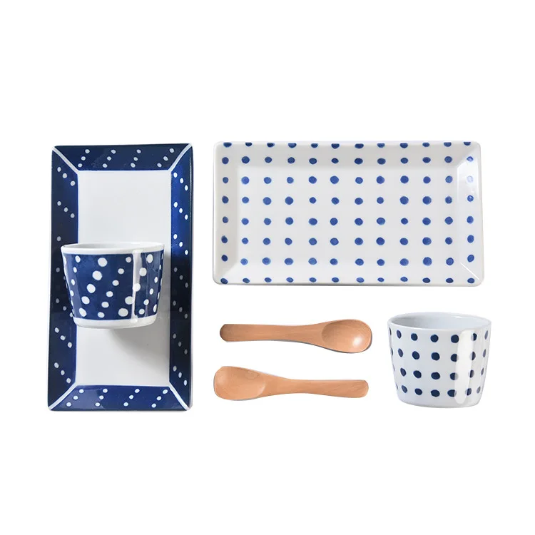 Indigo Lightweight Porcelain Plate Coffee Pot Meal Cup Spoon Six Enter Gift Box Set Japanese Imported Exhibition Wedding Gifts | Дом и сад