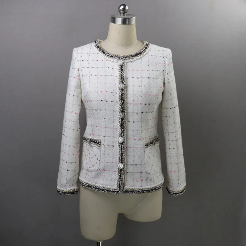 Женский твидовый пиджак подиумный облегающий однобортный жакет в клетку с