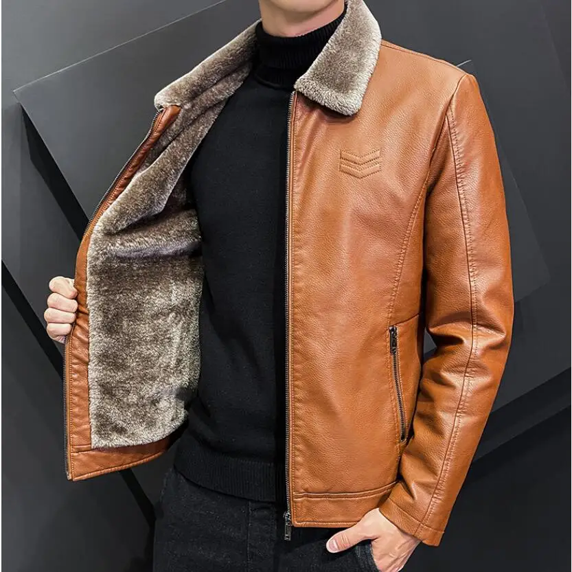 Korean Latest Fleece Fur Leather Jacket Men Winter Fashion Laple Zipper Straight Hem Formal Casual Coats Bomber Leather Jacket