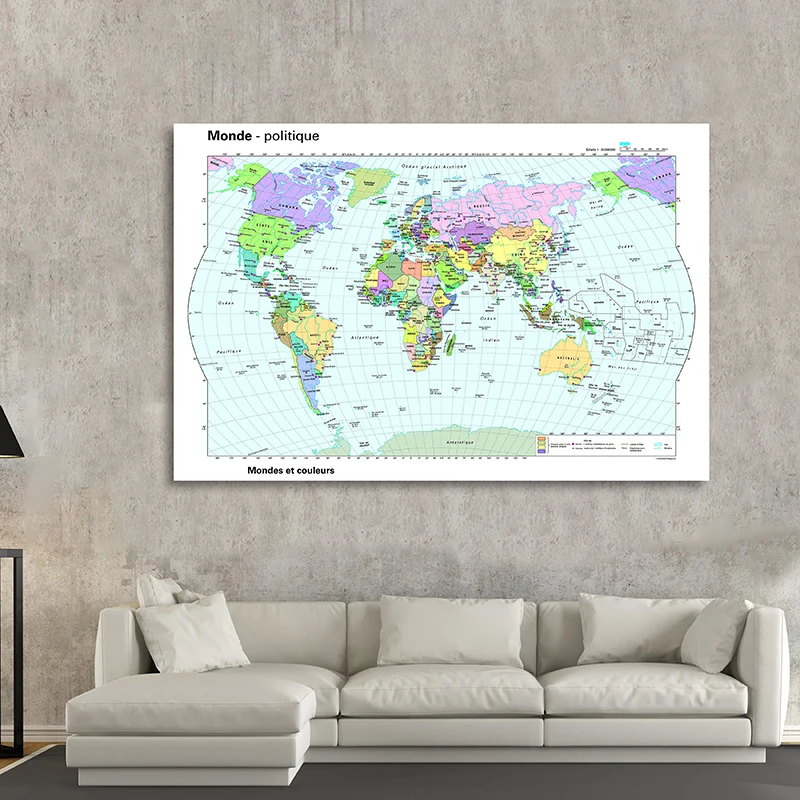 

The World Political Distribution Map In French Wall Decorative Art Pictures Non-woven Canvas Paintings Study Supplies 225*150cm