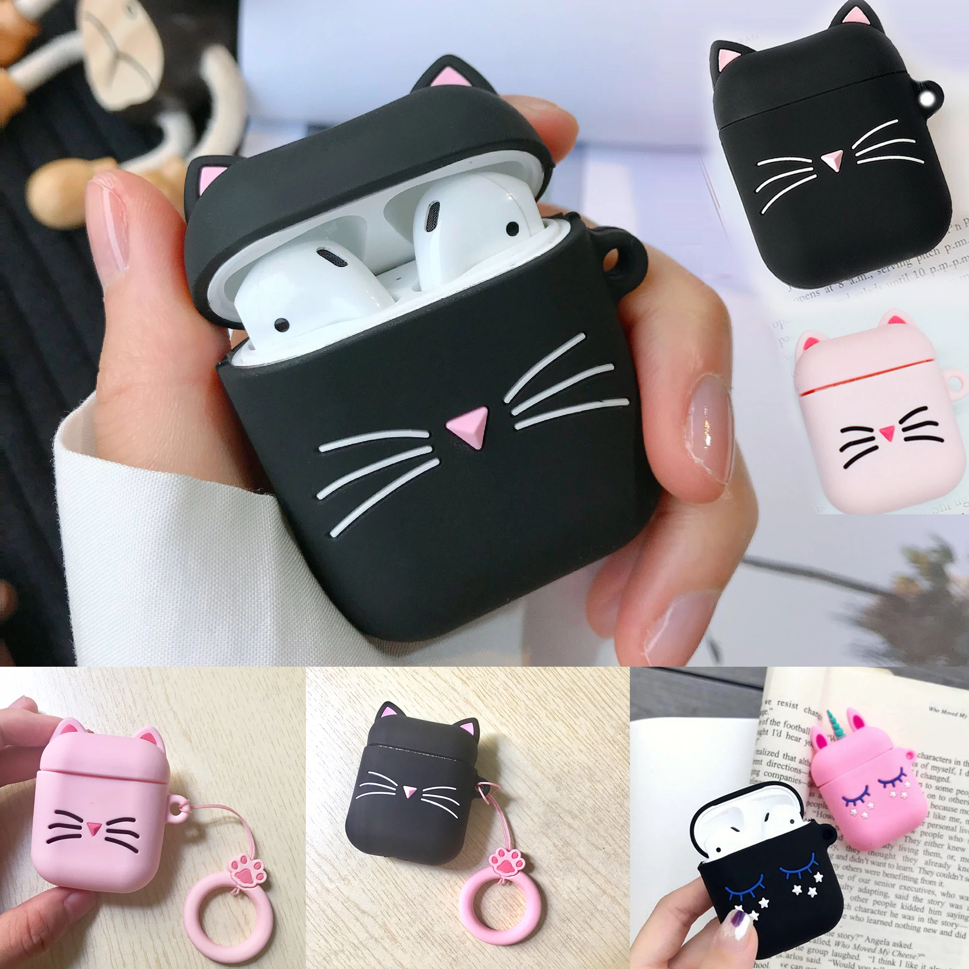 Чехол для airpods с милым котом мультяшный защитный чехол шнурком Bluetooth беспроводных