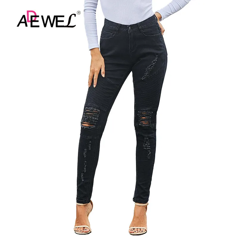 Женские рваные джинсы ADEWEL черные из хлопка обтягивающие новинка 2019 | Женская