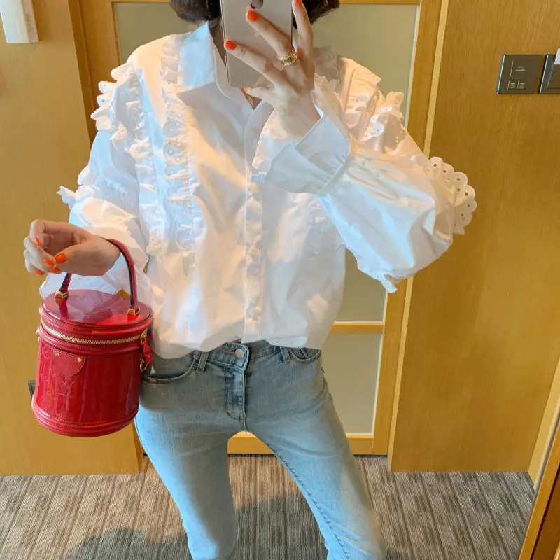 

Women White Patchwork Ruffle Plus Size Blouse New Lapel Long Sleeve Shirts Loose Fit Shirt Fashion Spring Autumn 2022 J9