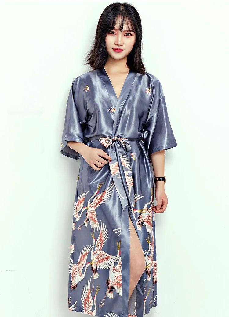 long robe 2 Большие размеры 3XL свадебное платье подружки невесты женские атласные шарфы кимоно банное платье сексуальное длинное платье с цветочным принтом - Цвет: long robe 2