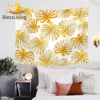 BlessLiving Modern Leaf Tapestry Wall Hanging Tropical Leaves Nature Home Decor for Bedroom Living Room Black White Golden Sheet 1
