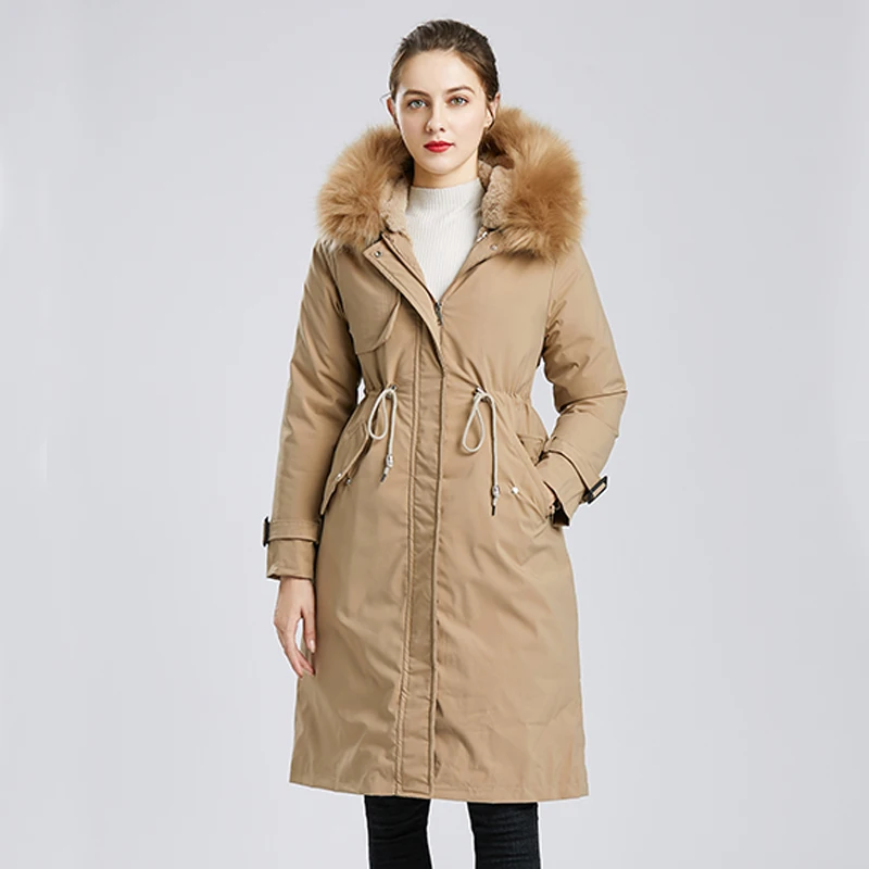 

Fitaylor Winter Warm Wool Liner Long Coat Women Thickness Hooded Parkas Large Fur Collar Embroidery Jacket Snow Padded Outwear