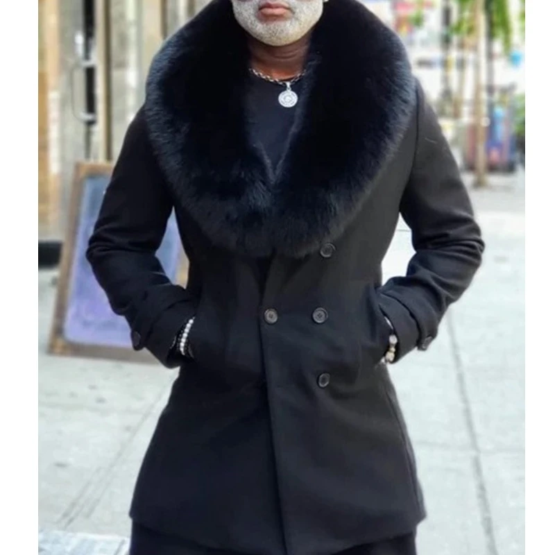 

Mandylandy черные Большие меховые воротники шерстяные смешанные куртки с длинным рукавом Осенняя верхняя одежда модные двубортные мужские курт...