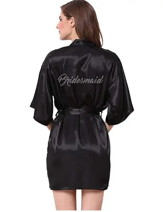 Женский Атласный халат черный атласный стразы короткие свадебные вечерние