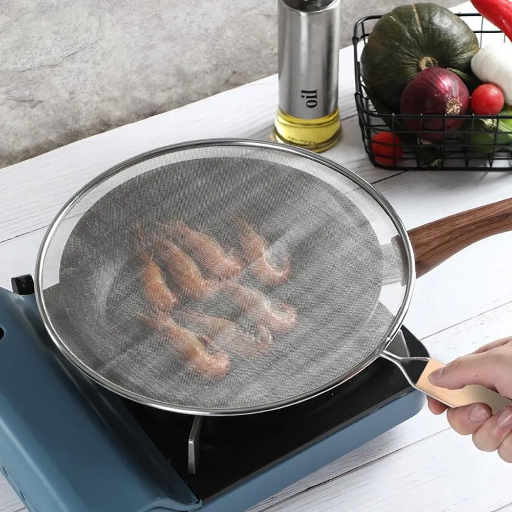 

Stainless Steel Splatter Screen For Frying Pans Mesh Guard For Kitchen Cooking Hot Oil Splash Splatter With Wooden Handle