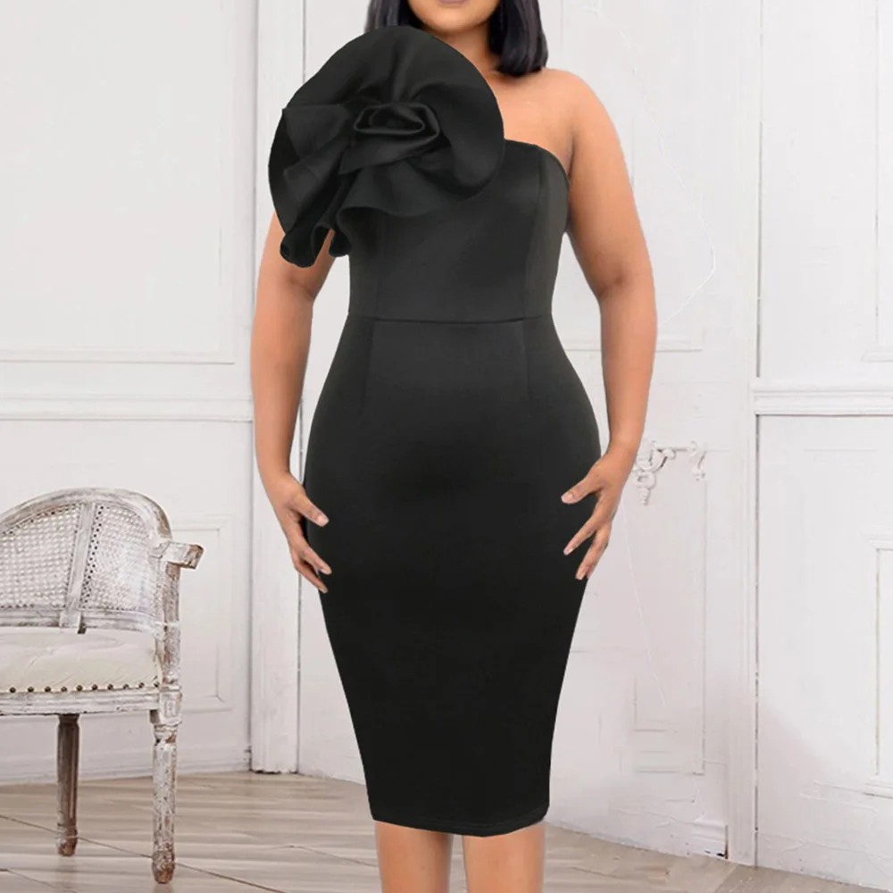 

3d Flower Chic Party Dresses Women Elegant Plain One Shoulder Sexy Bodycon Sleeveless Female Formal Midi Dress 2022 Spring