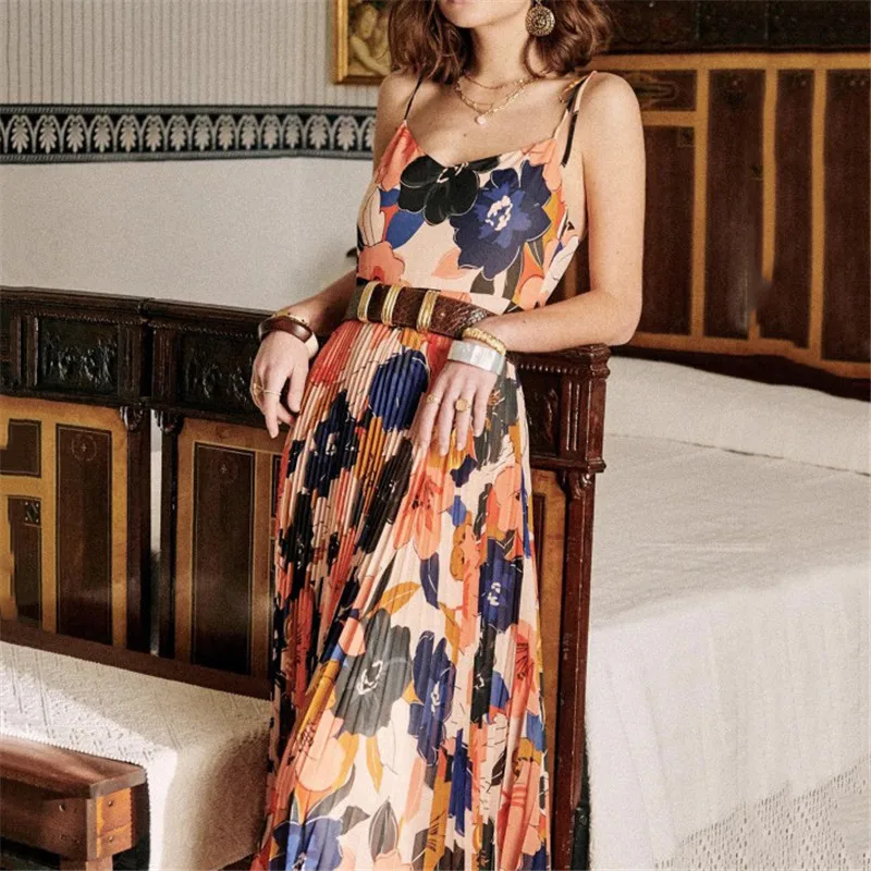 

Women sleeveless summer midi dress Sexy floral print summer beach dress Draped ladies holiday chic party dress