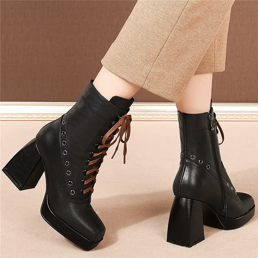 

Lace Up Winter Punk Shoes Women Genuine Leather Chunky High Heels Motorcycle Boots Female High Top Square Toe Platform Pumps